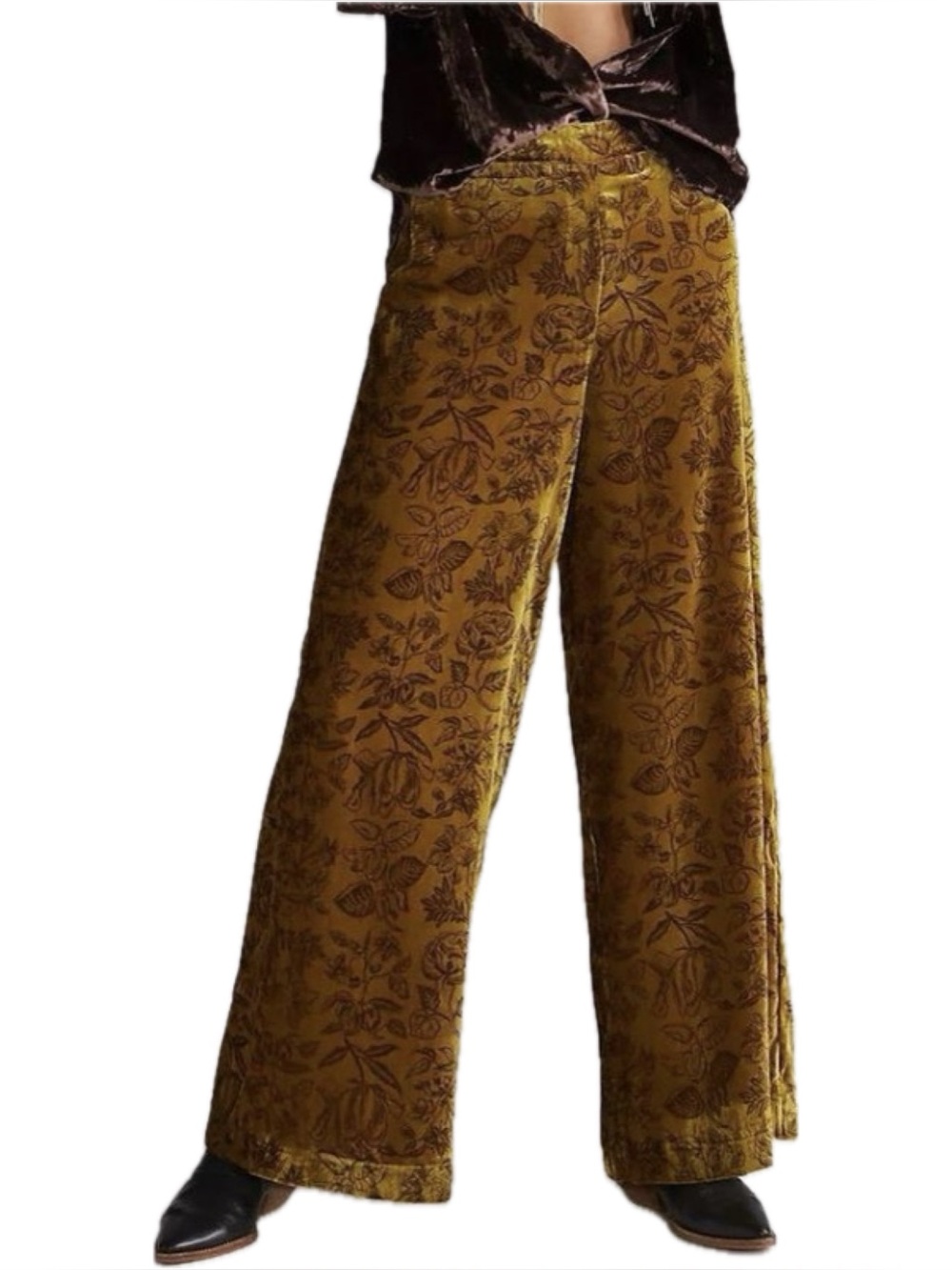 Anthropologie Wide Leg Velvet Pants in Gold Floral